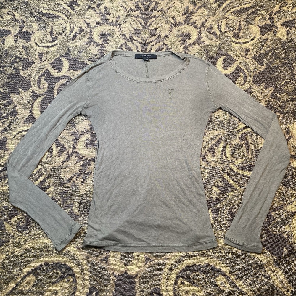 AllSaints Green long-sleeve crew neck top Womens Size 4 Small Ramskull